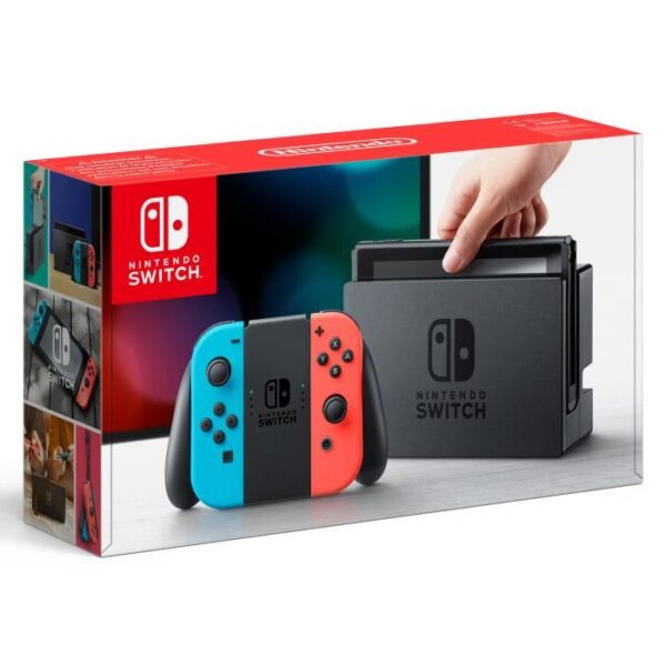 Nintendo Switch Console mit einem neonroten rechten Joy-Con und einem neonblauen linken Joy-Con