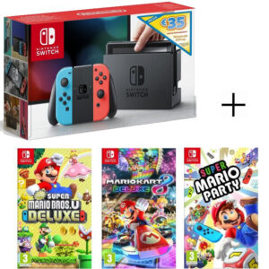 Nintendo Switch Pack Neon + Neue Super Mario Bros U Deluxe + Super Mario Party + Mario Kart 8 Deluxe + Download-Code 35 € Nintendo